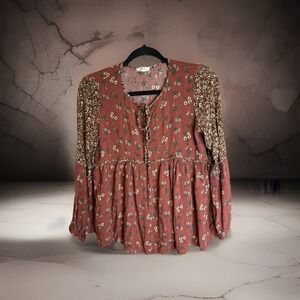 Easel Floral Boho Blouse Tie Neck Rust Long Sleeve Peasant Top Size S